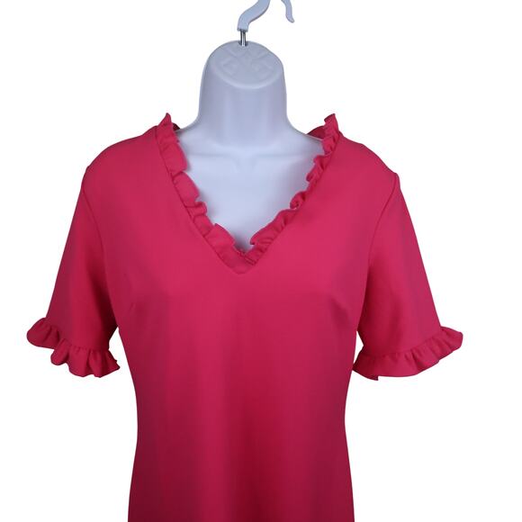 Calvin Klein Pink Ruffle V-Neck Sheath Dress Gold Back Zipper Size 8 - Picture 2 of 9